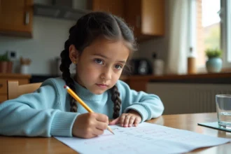 Jeune fille faisant ses devoirs de mathématiques sur les conversions de mesures à la table de cuisine