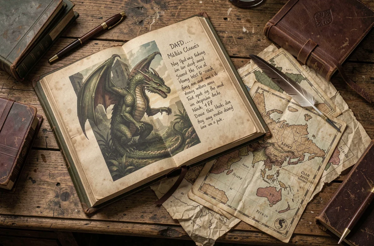 Flat lay d'un livre ouvert sur la mythologie des dragons avec journal de notes et carte ancienne sur un bureau en bois