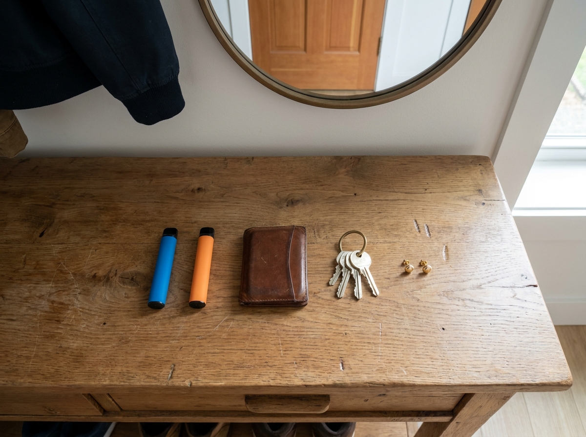 Vue du dessus d'une console d'entrée avec des puffs, un portefeuille, des clés et des bijoux organisés avant une sortie