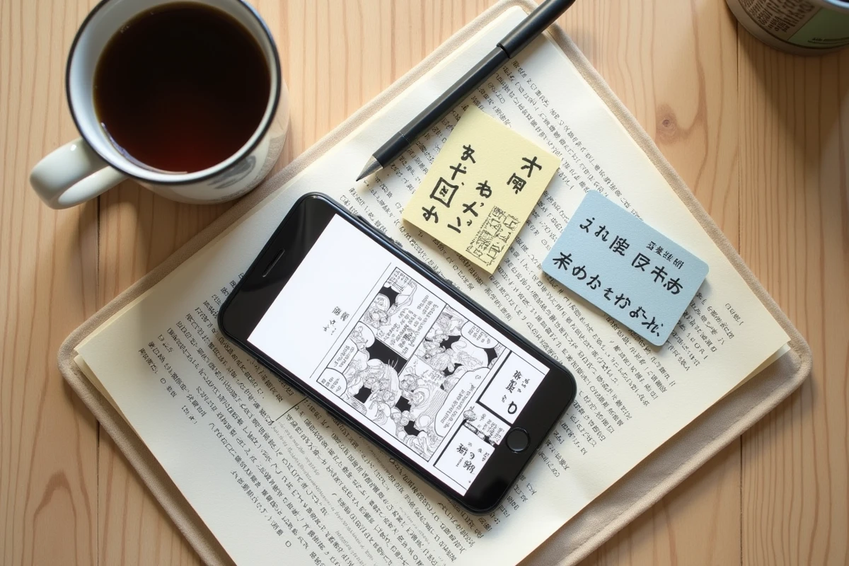 Flat lay d'une page de manga One Piece imprimée posée sur une table en bois clair avec un smartphone affichant un lecteur de scan manga