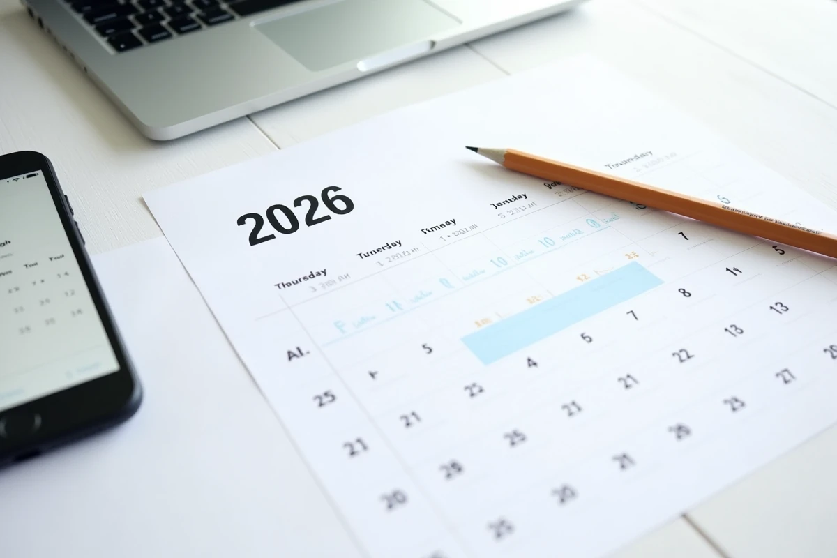Vue aérienne d'un calendrier PDF imprimé avec semaines paires surlignées en bleu posé sur un bureau avec smartphone et ordinateur