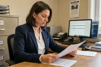 Fonctionnaire de catégorie C examinant des documents administratifs relatifs à la revalorisation salariale 2025 2026