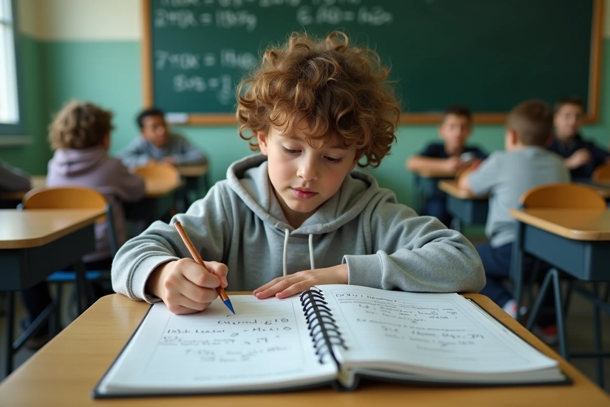 Garçon en classe travaillant sur des exercices de conversion millilitres en litres dans un cahier