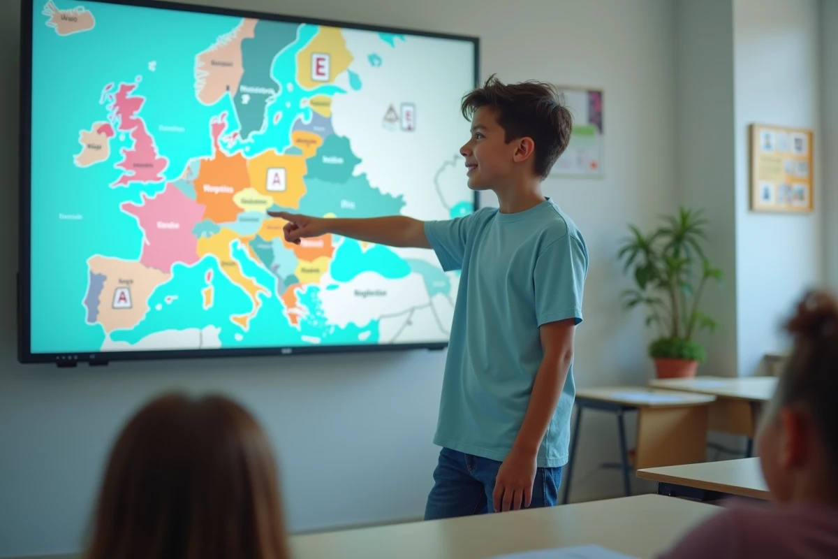 Garçon en classe pointant un tableau interactif