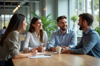 Collègues de travail échangeant dans une ambiance conviviale
