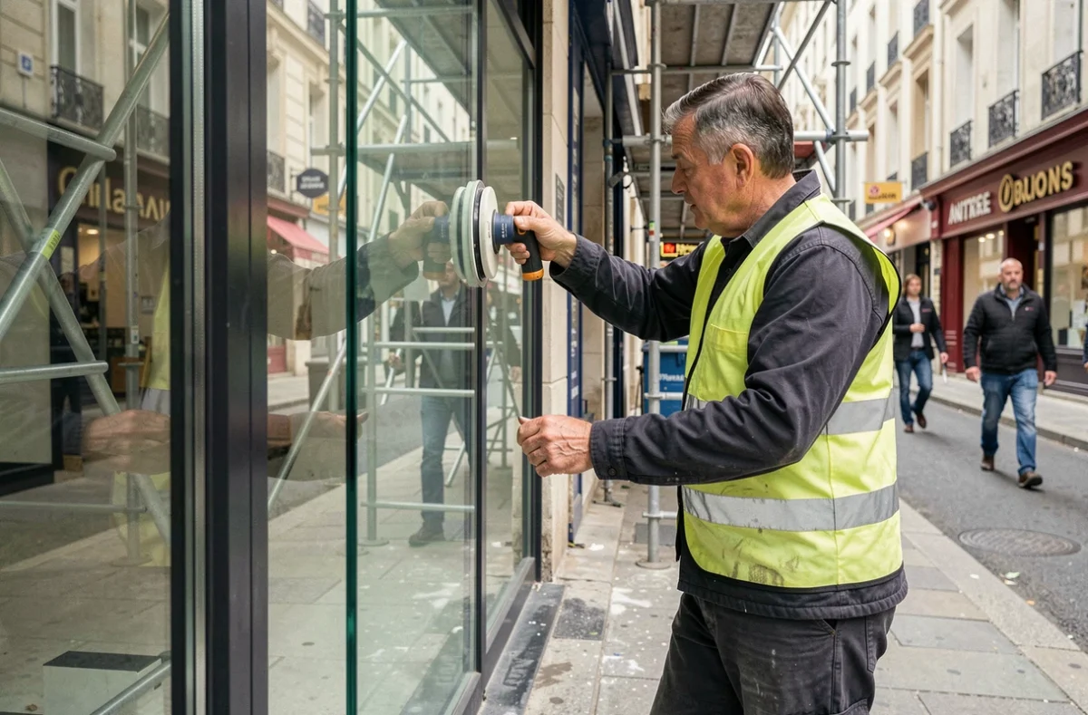 Vitrier de Georges Assistances posant une vitrine commerciale dans une rue commerçante