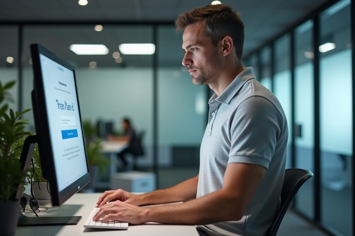 Homme utilisant un gestionnaire de mots de passe sur un ordinateur de bureau dans un open space professionnel