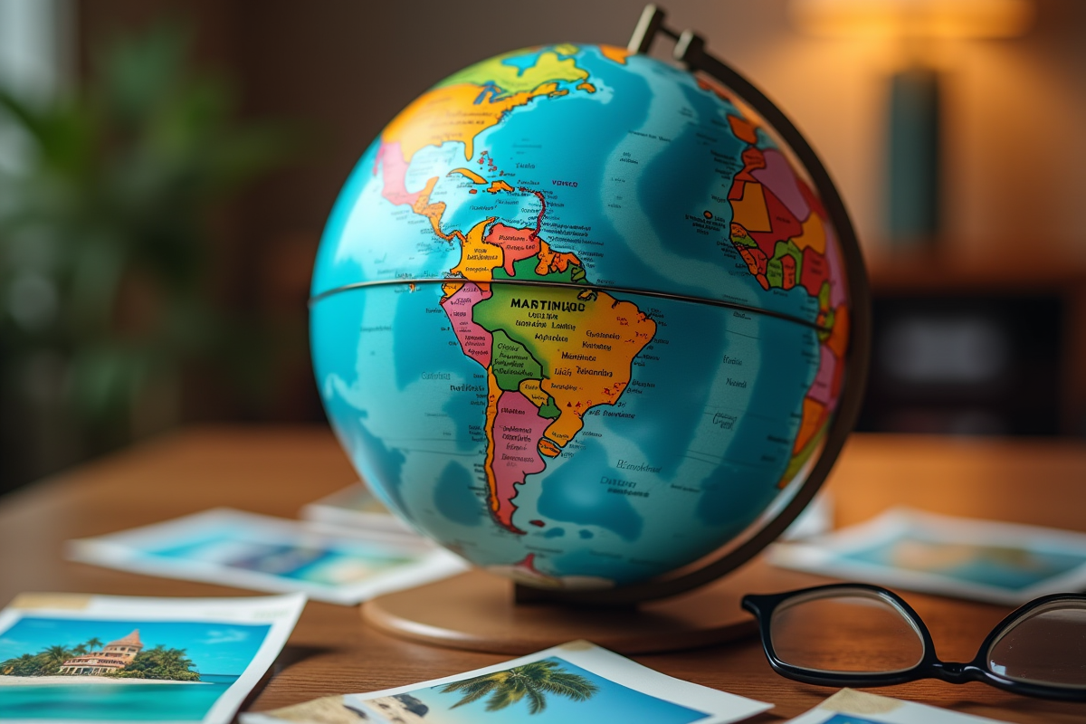 Globe des Caraïbes centré sur la Martinique avec cartes postales