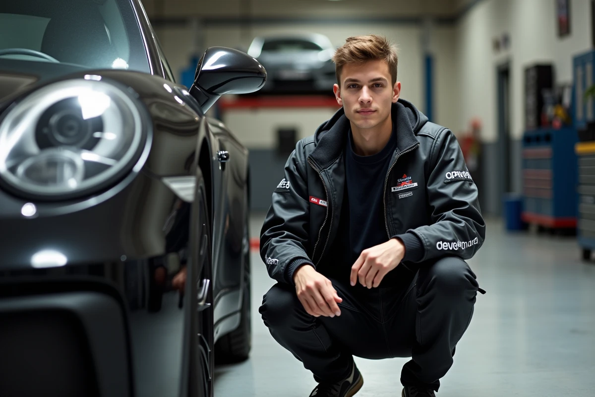 Créateur de contenu automobile accroupi devant une voiture de sport dans un garage professionnel privé