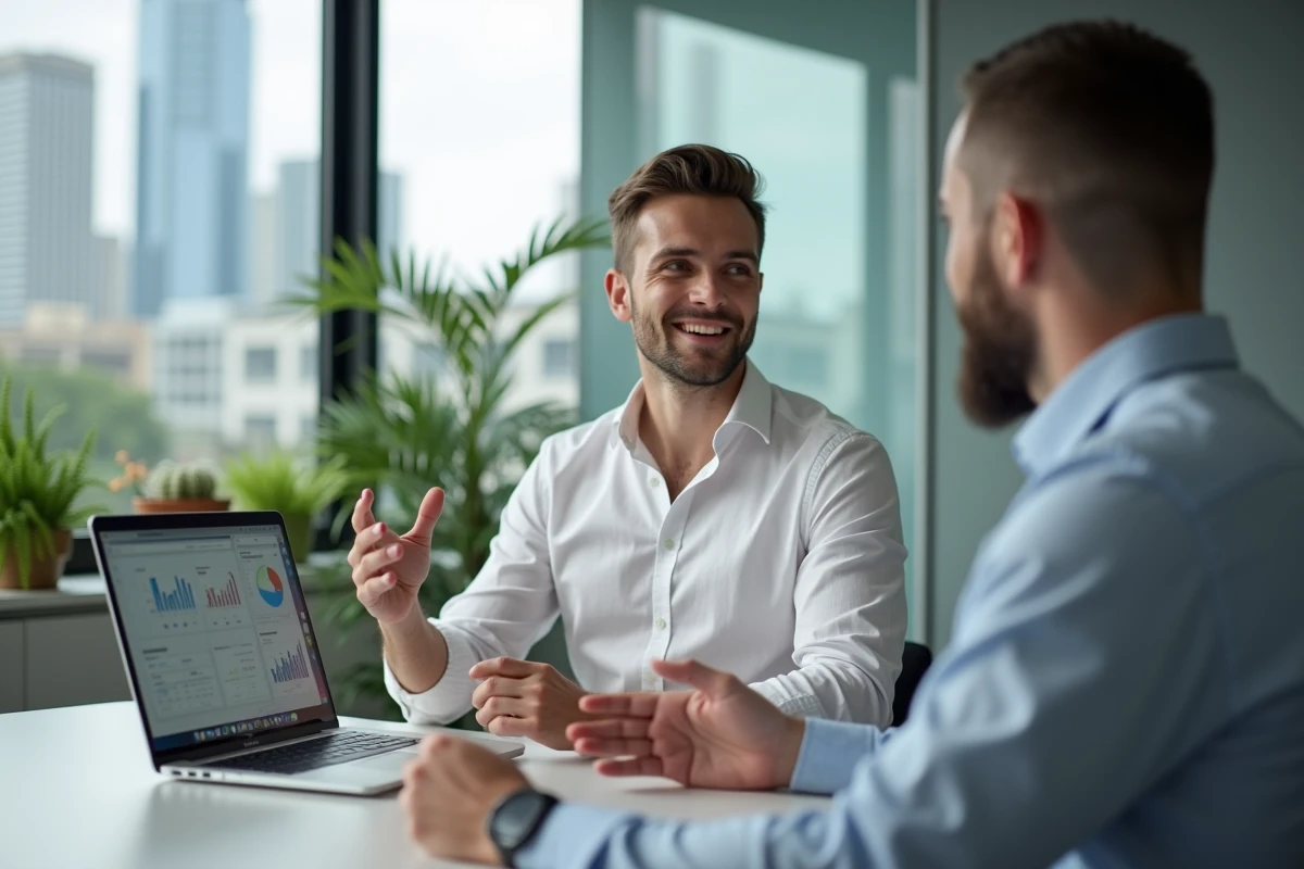 Entrepreneur YouTubeur en réunion d'affaires dans un espace de co-working moderne avec vue sur la ville