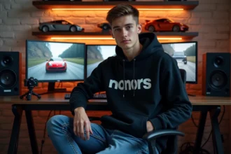 Youtubeur automobile GMK dans son studio de montage vidéo professionnel entouré d'écrans et de modèles de voitures