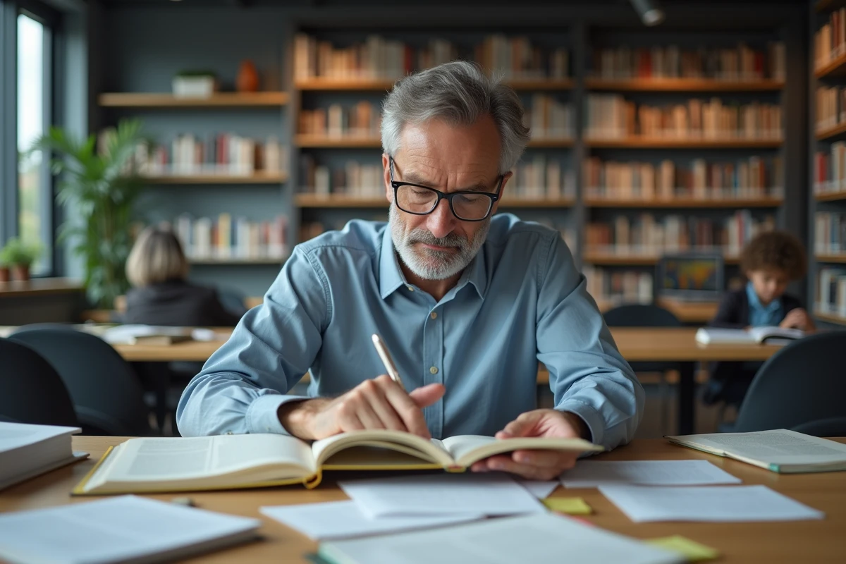Homme d'âge moyen étudiant un guide de grammaire et de conjugaison française dans une bibliothèque moderne, entouré de livres de référence et de notes
