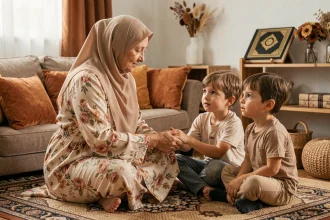 Grand-mère en hijab beige expliquant la bénédiction Allahouma barik à deux jeunes enfants attentifs sur un tapis de prière