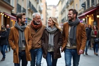 Groupe d'adultes souriants dans une rue lyonnaise