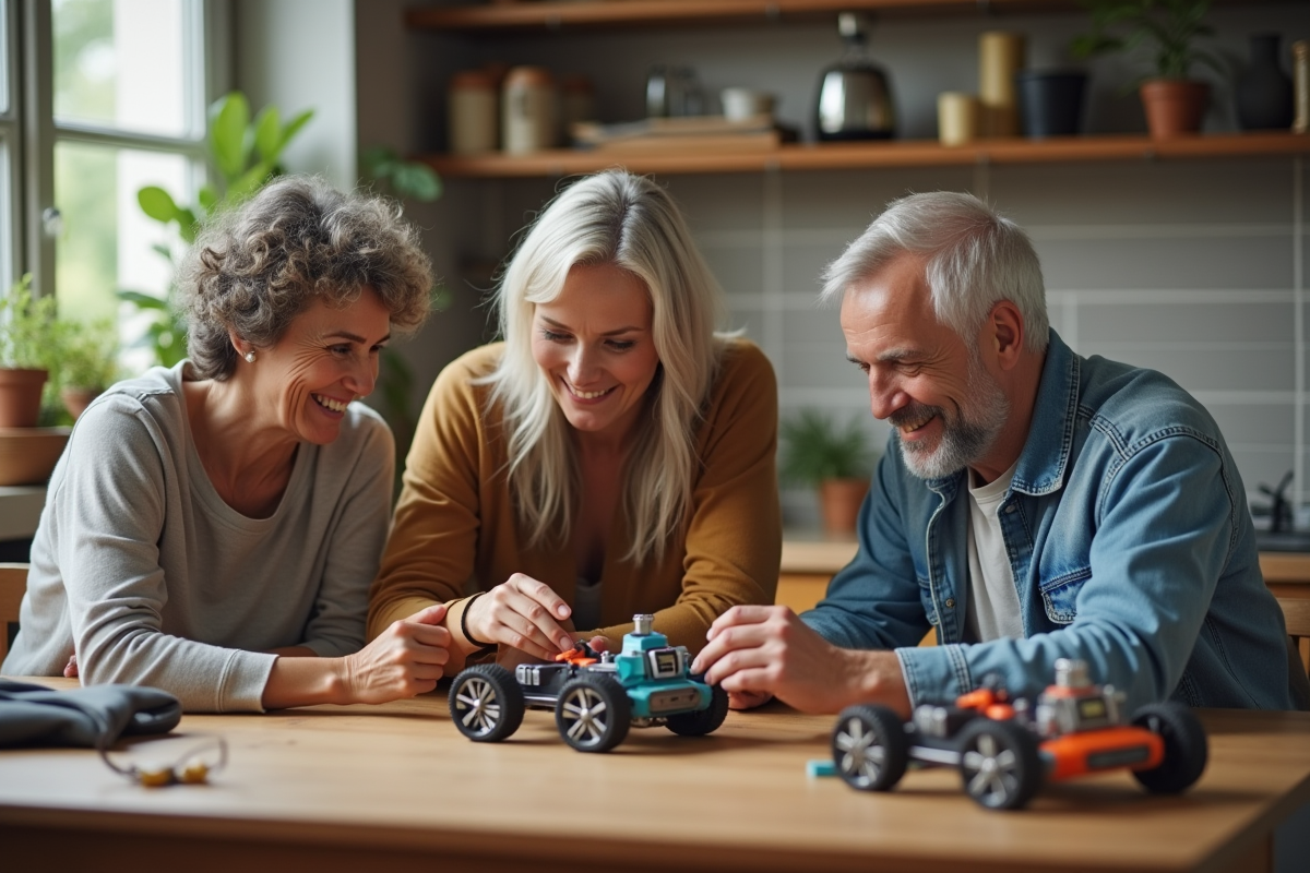 Groupe de personnes construisant un robot maison dans la cuisine