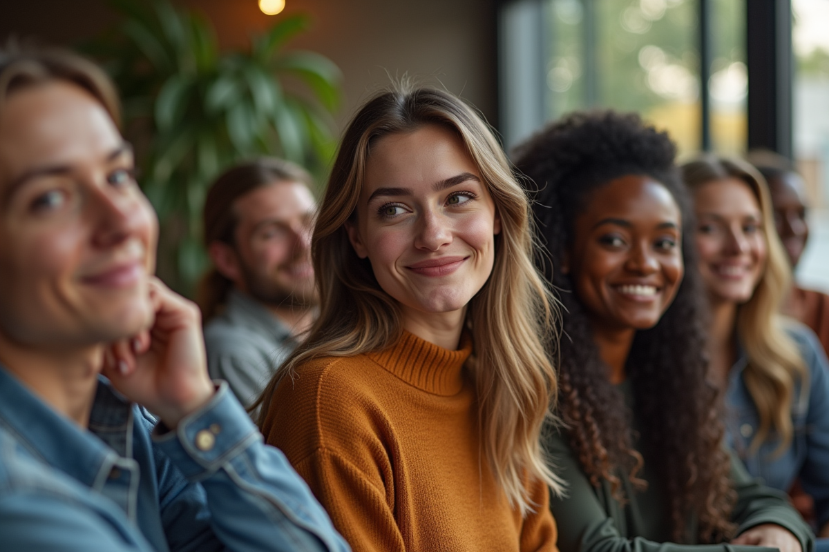 Groupe diversifié en vêtements variés dans un salon lumineux
