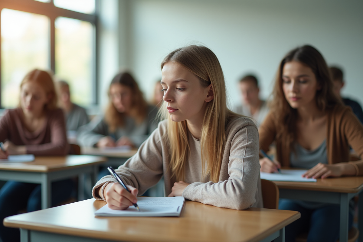 Jeunes adultes concentrés lors d'un examen en classe lumineuse