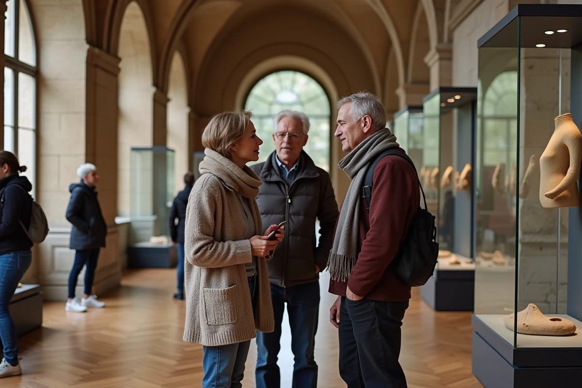 Groupe de visiteurs observant des artefacts historiques dans un musée classique lyonnais