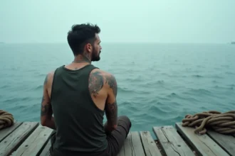 Jeune homme tatoué assis sur un quai maritime face à l'océan, évoquant la liberté et le poids d'un héritage familial lourd