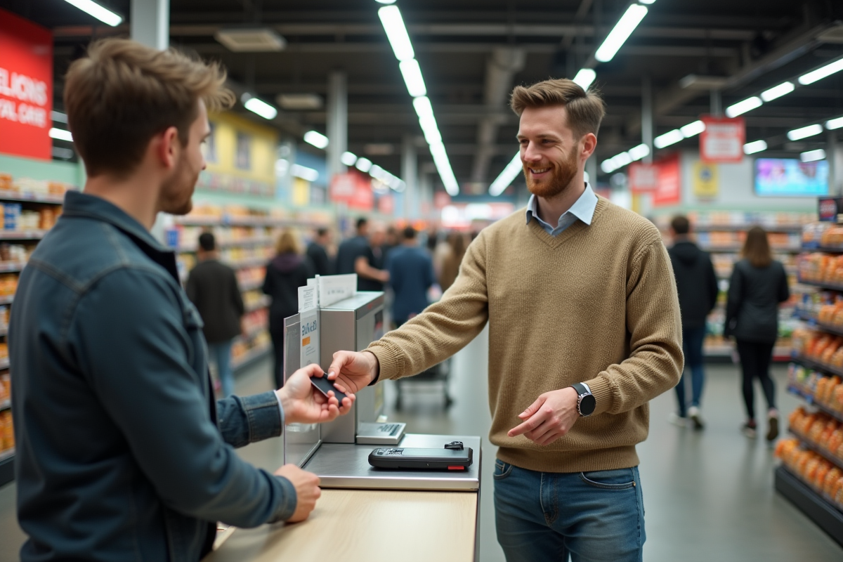 Homme remettant sa carte au caissier en supermarche