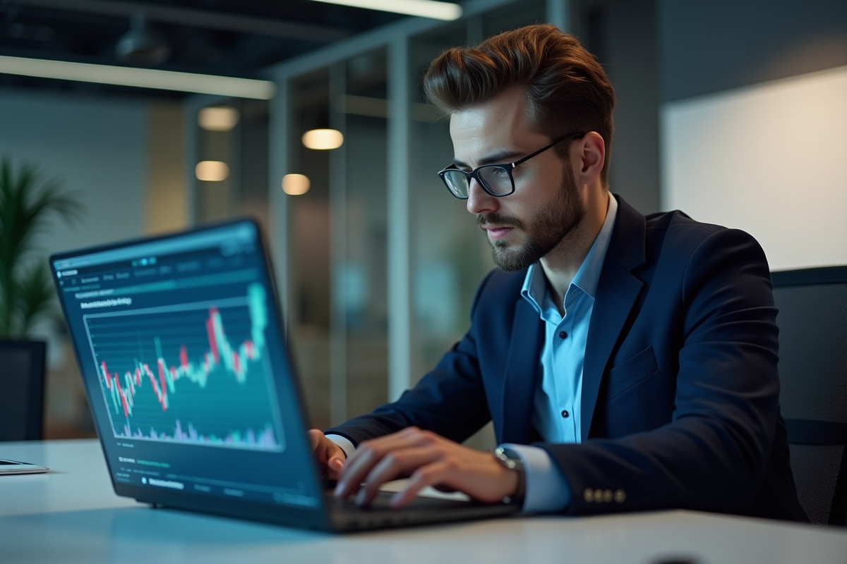 Jeune homme d'affaires examine une transaction Bitcoin sur son ordinateur