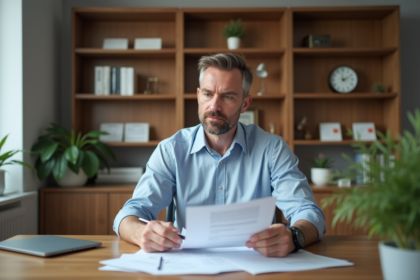 Homme d'affaires en bureau lisant des documents immobiliers