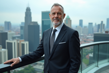 Homme d'affaires confiant sur un rooftop urbain