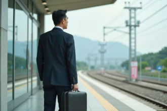 Homme d affaires japonais regardant l horizon près d une gare