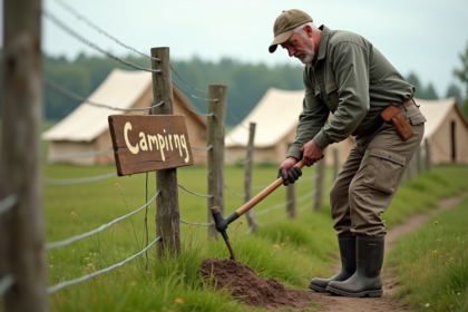 Homme en vêtements de travail plantant un panneau camping dans un champ