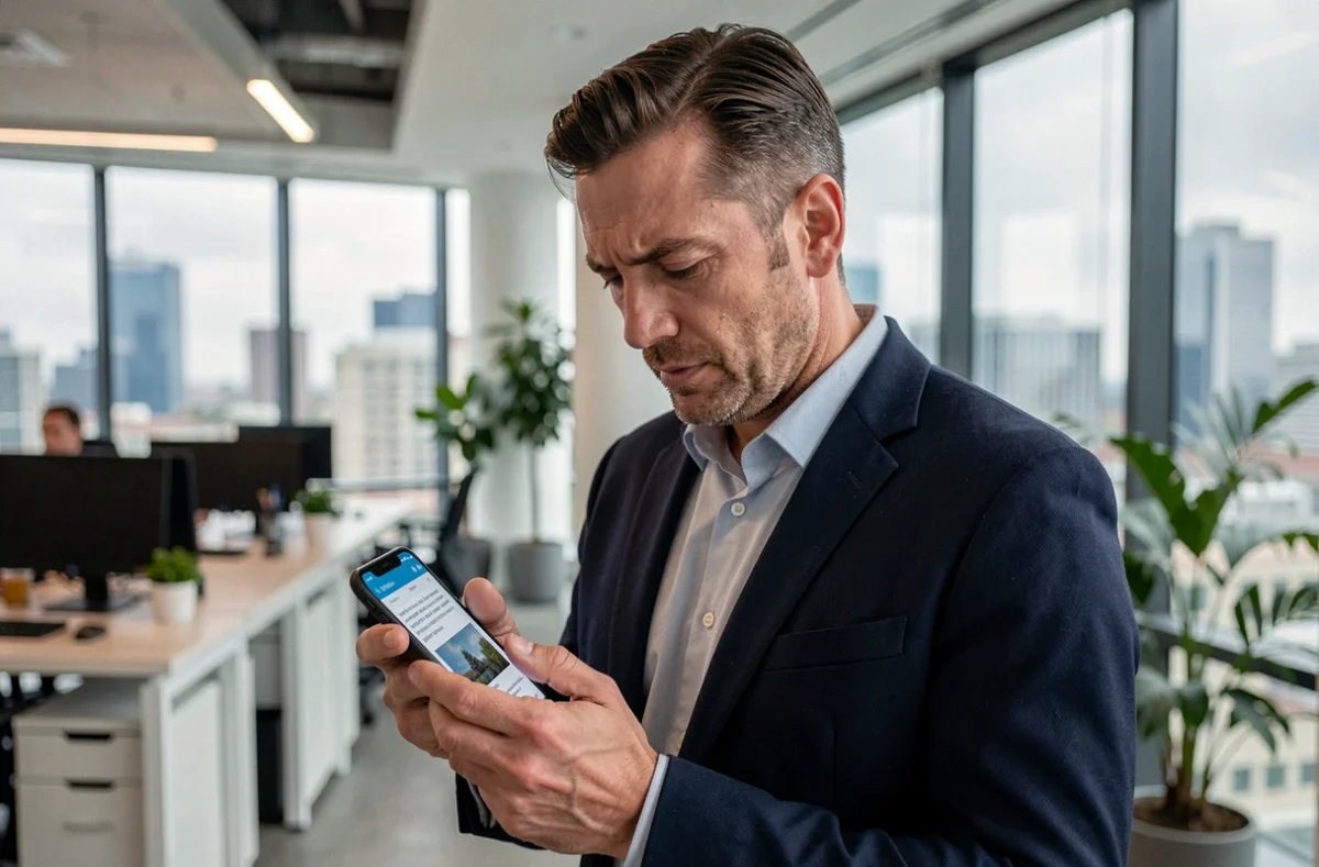 Homme en bureau moderne consultant une biographie Wikipédia sur smartphone pour s'informer sur les origines d'Aurore Malval