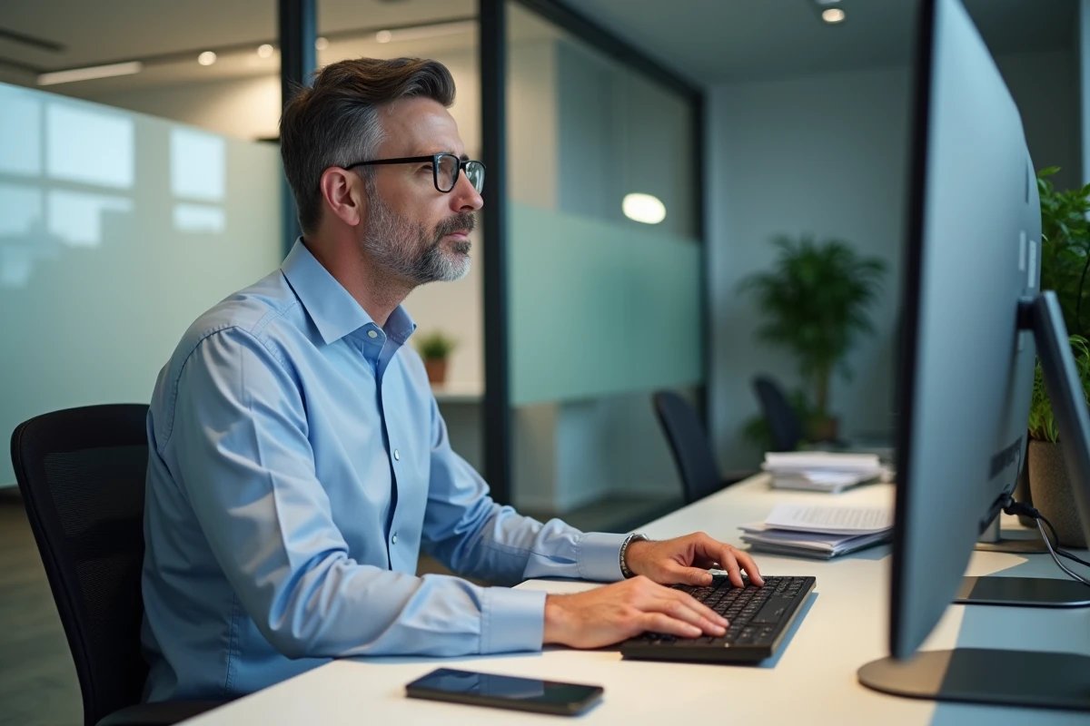 Homme d affaires vérifiant son compte sur un bureau professionnel