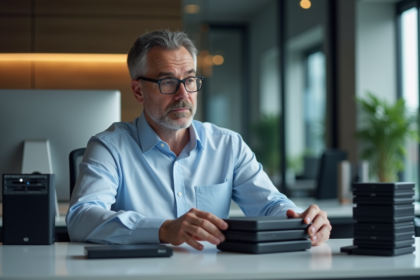 Homme d affaires examinant des disques durs en bureau moderne
