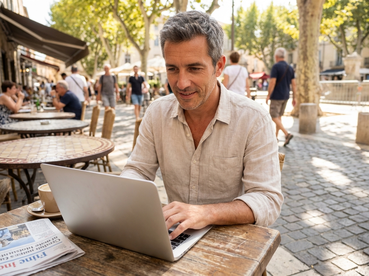 Homme travaillant sur son ordinateur dans un café à Perpignan