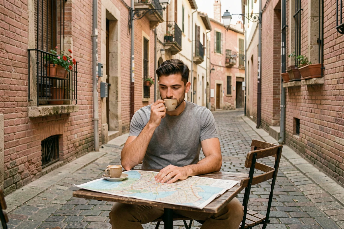 Jeune homme buvant un café en terrasse dans une ruelle historique du centre-ville de Toulouse