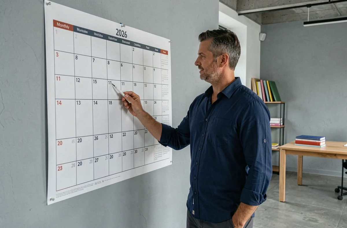 Homme d'affaires pointant un calendrier mural mensuel 2026 dans un bureau moderne et épuré