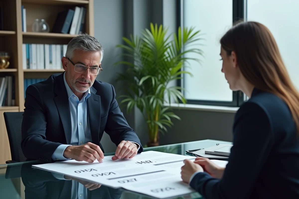 Homme consultant un conseiller juridique avec des relevés d'appels téléphoniques comme preuve de harcèlement 0424