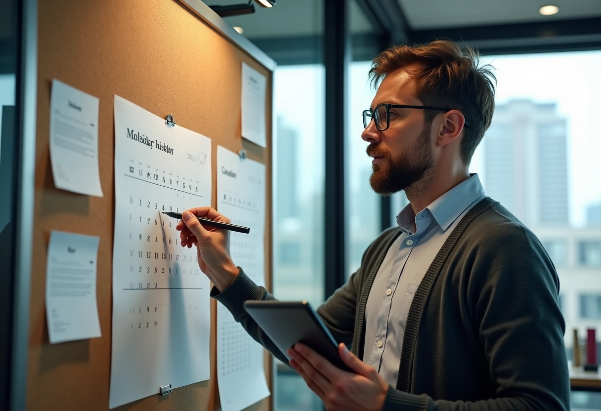 Homme en coworking vérifiant un calendrier de vacances