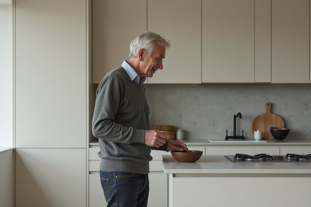 Homme âgé préparant un bol dans une cuisine minimaliste