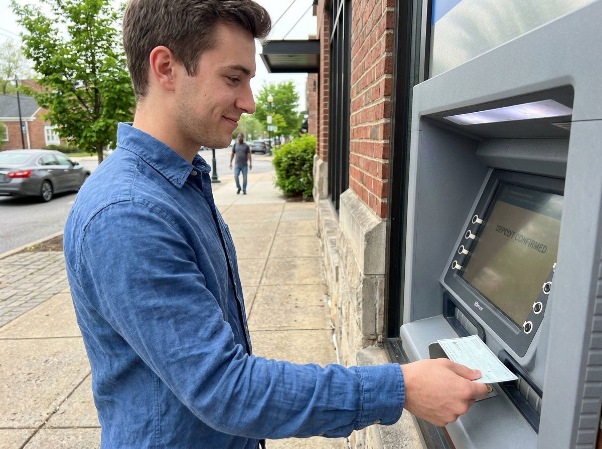 Jeune homme déposant son premier salaire à un distributeur