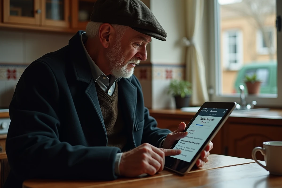 Homme âgé consultat une tablette dans sa cuisine chaleureuse