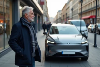Homme moyenâge français regardant une voiture électrique moderne