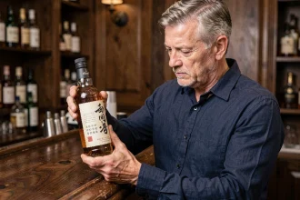 Homme examinant une bouteille de whisky japonais Akashi dans un bar à whisky intimiste en bois sombre