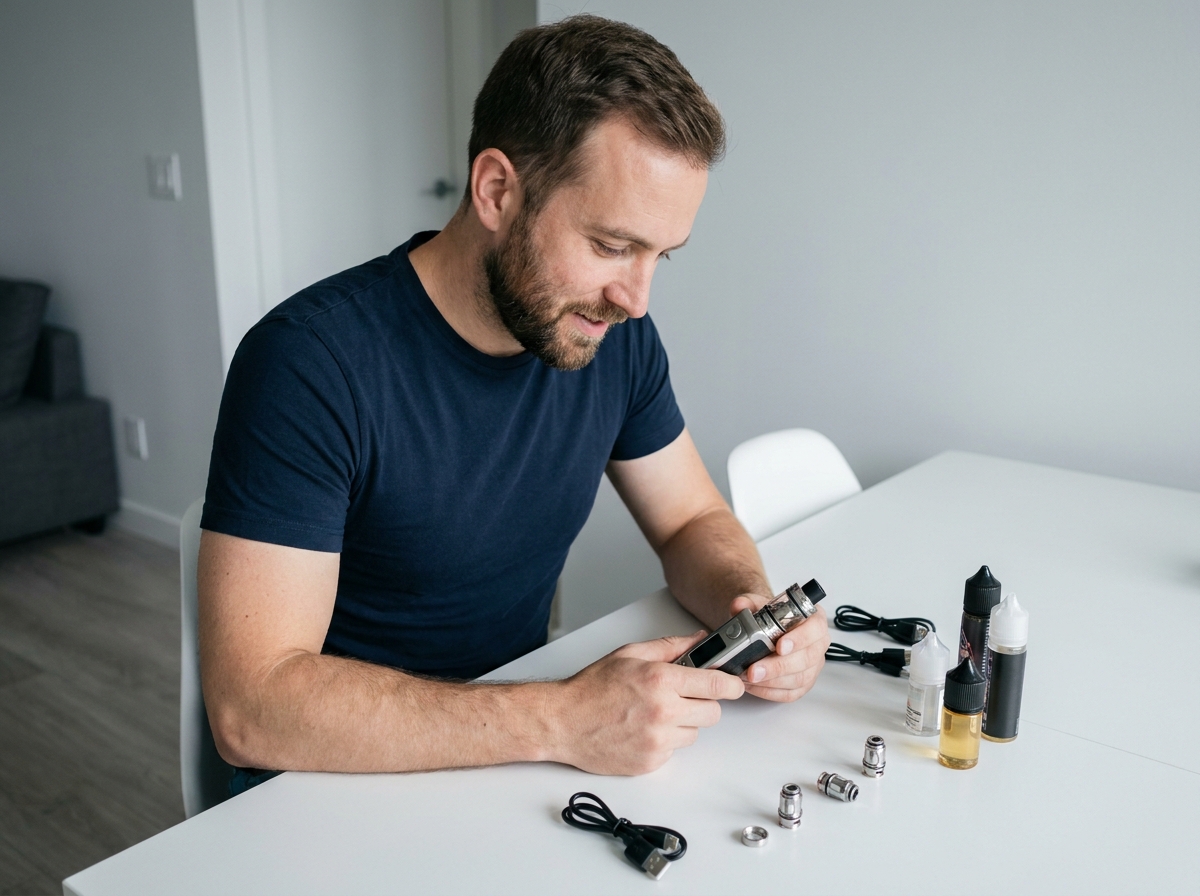 Homme examinant plusieurs cigarettes électroniques d'occasion disposées sur une table avant achat sur Kelklope