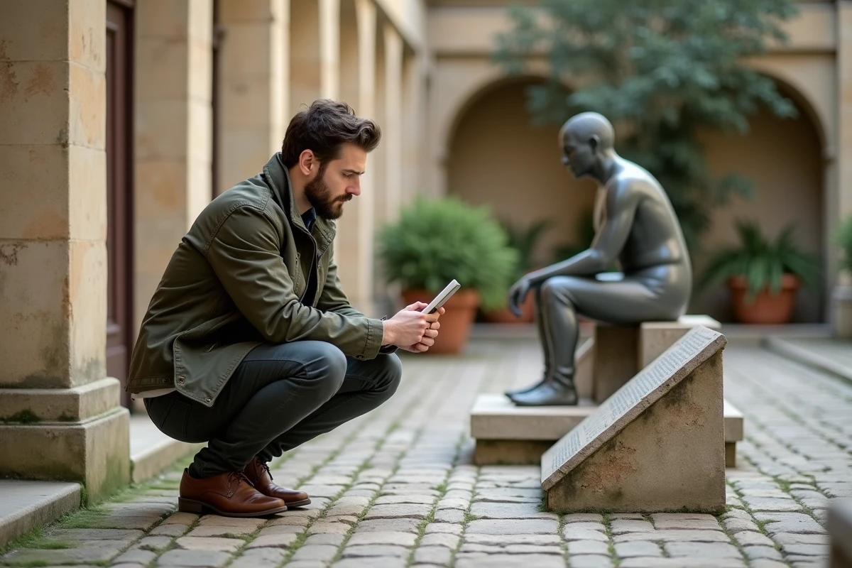 Homme lisant un cartel d'exposition dans une cour de musée en plein air à Lyon