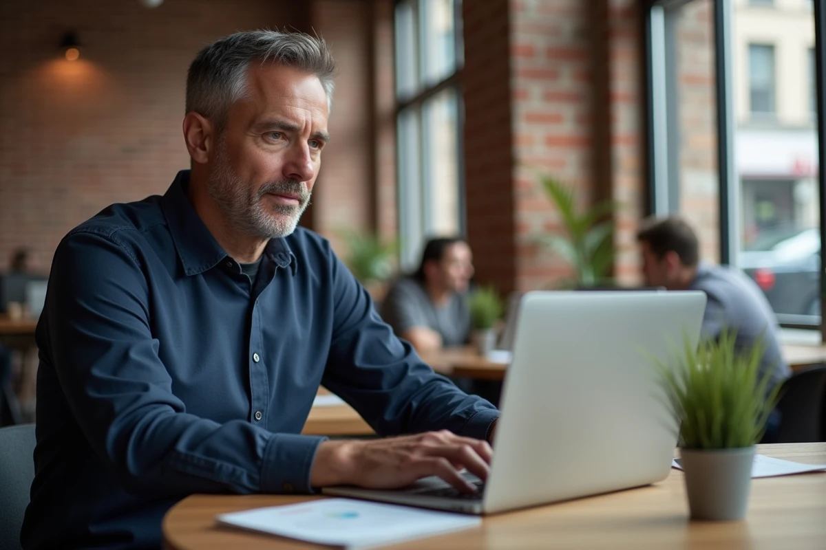 Homme tapant une facture de deux mille cinq cents euros sur ordinateur portable dans un espace de coworking