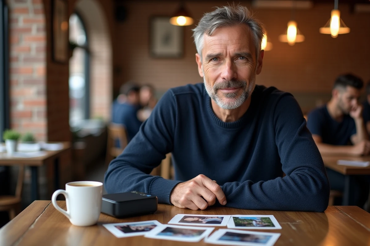 Homme utilisant une imprimante photo portable posée sur une table en bois dans un café avec des photos imprimées disposées autour