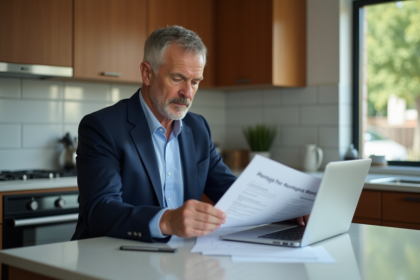 Homme d'âge moyen en costume bleu lisant des documents dans une cuisine