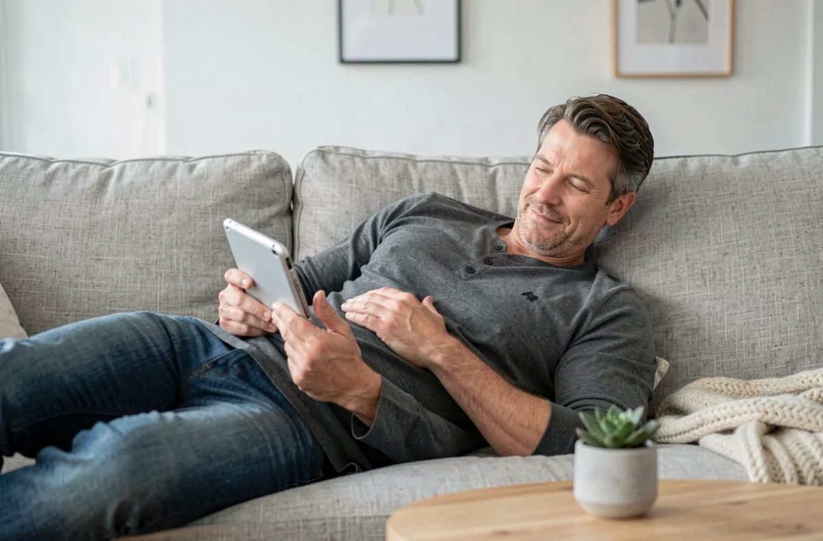 Homme lisant un ebook sur liseuse électronique allongé sur un canapé dans un salon moderne