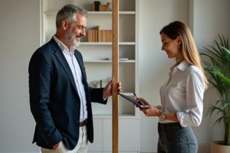 Homme d age moyen souriant à côté d un mètre en intérieur