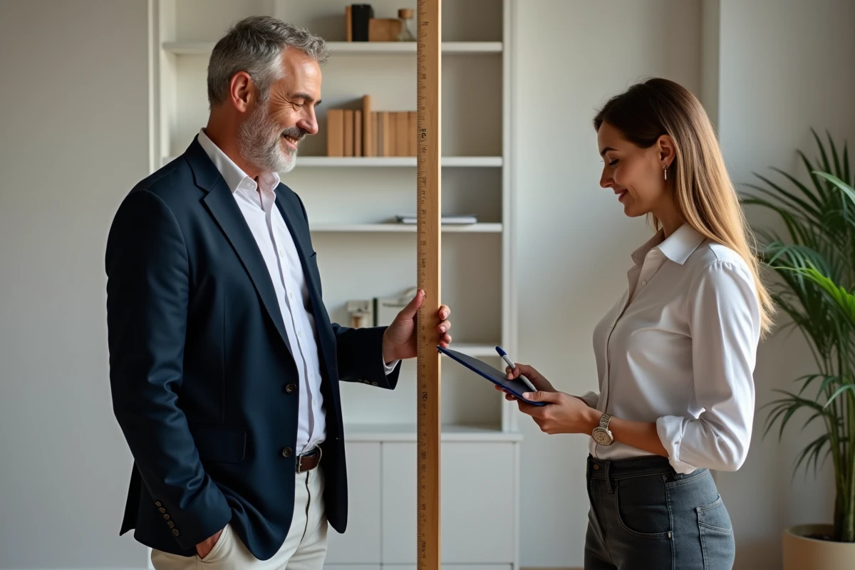 Homme d age moyen souriant à côté d un mètre en intérieur